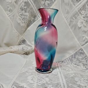 Lefton Blue and Pink swirl Glass Vase
